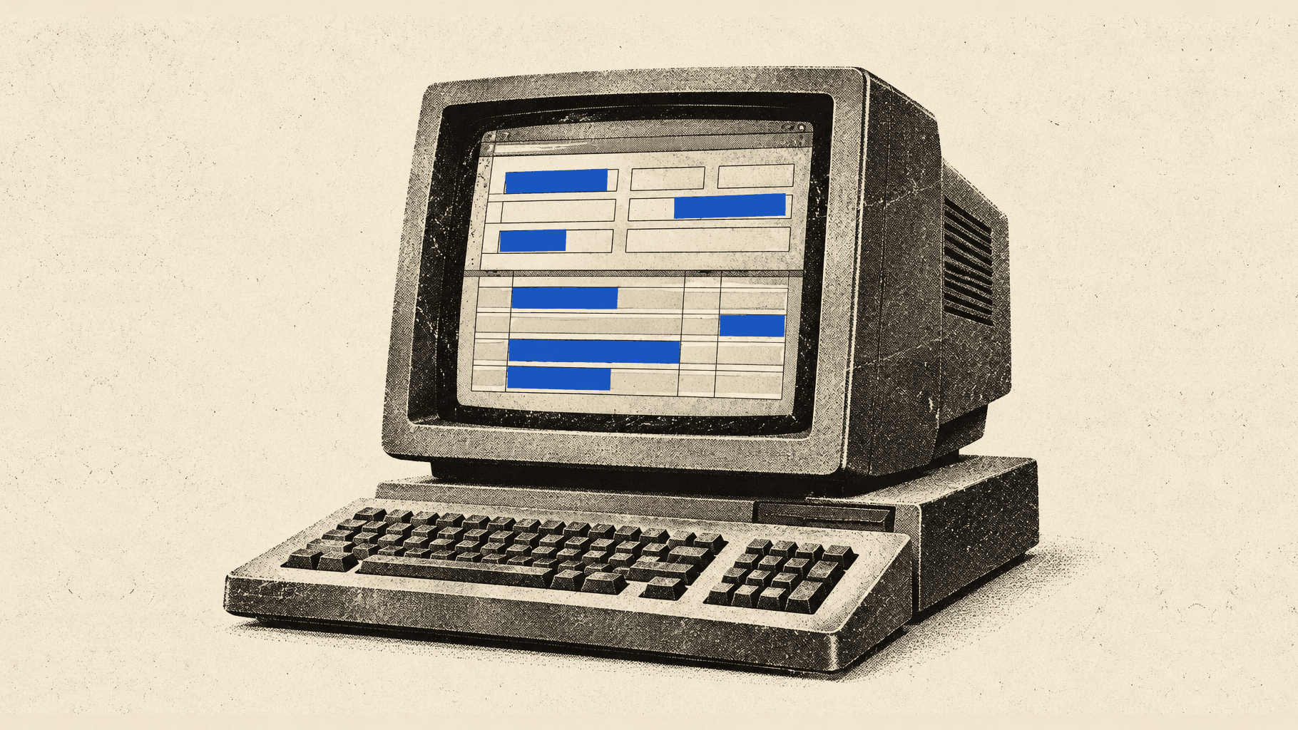 An old computer showing a business app whose fields are hidden